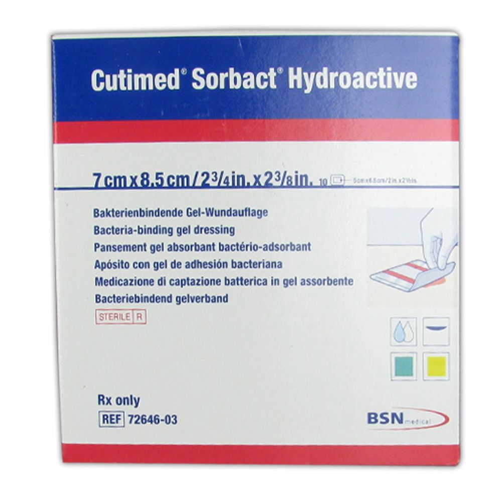 Confezione di Cutimed Sorbact Hydroactive, 7cm x 8,5cm. Medicazione in gel ad assorbimento batterico. Sterile.