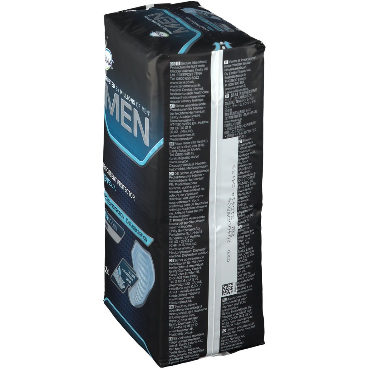 Confezione di Tena Men Level 1. Confezione nera con dettagli blu. Testo: Tena Men, protezione assorbente Level 1, 24 pezzi.