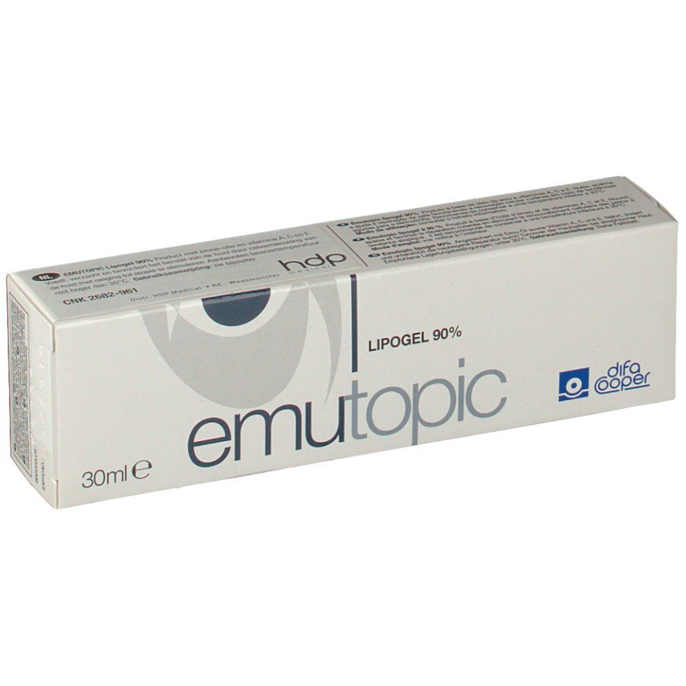 Scatola di emutopic® Lipogel 90%. Bianca, testo blu. Contiene 30ml. Marchio: difa cooper.