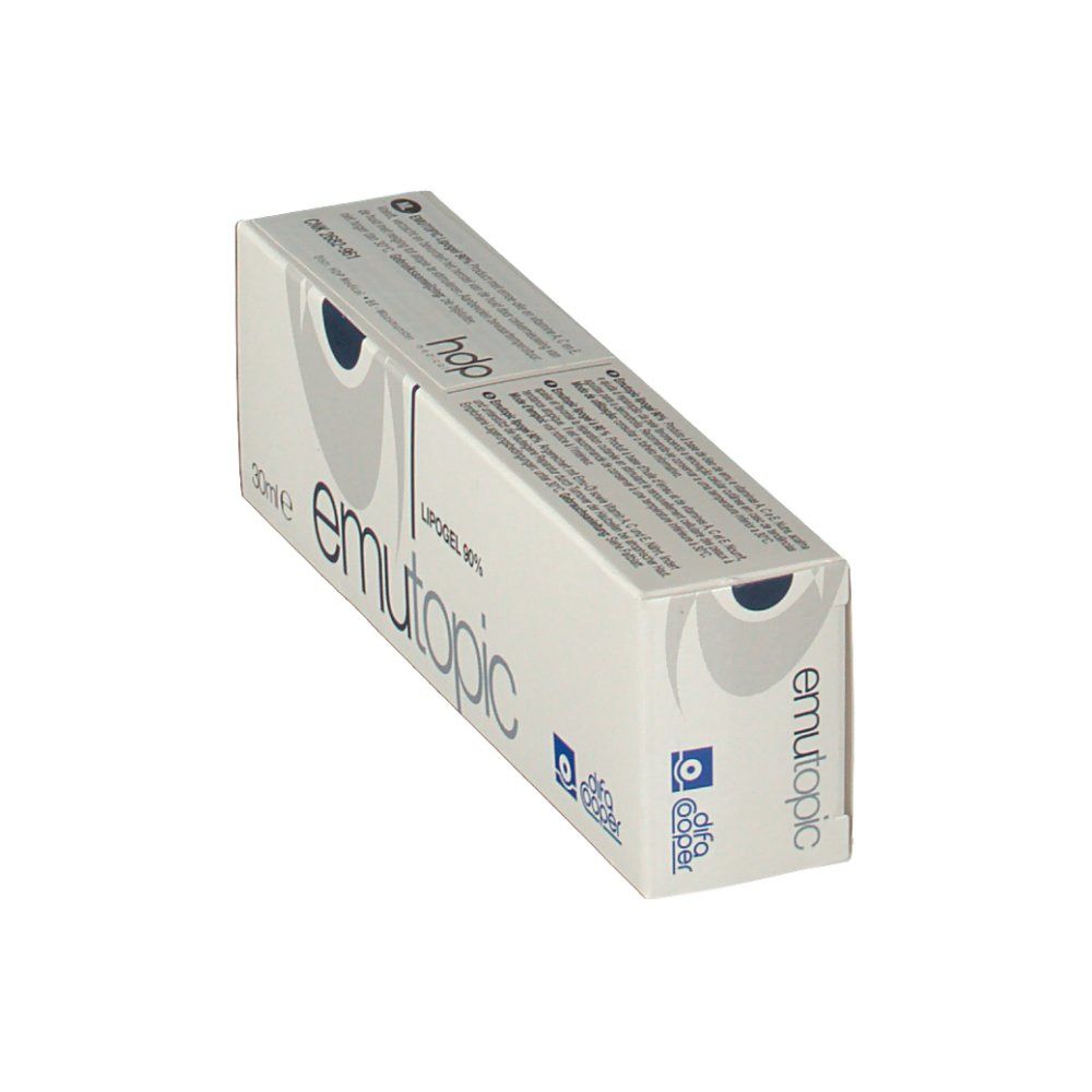 Scatola emutopic® Lipogel 90% in prospettiva. Bianca, testo blu. Marchio: difa cooper.