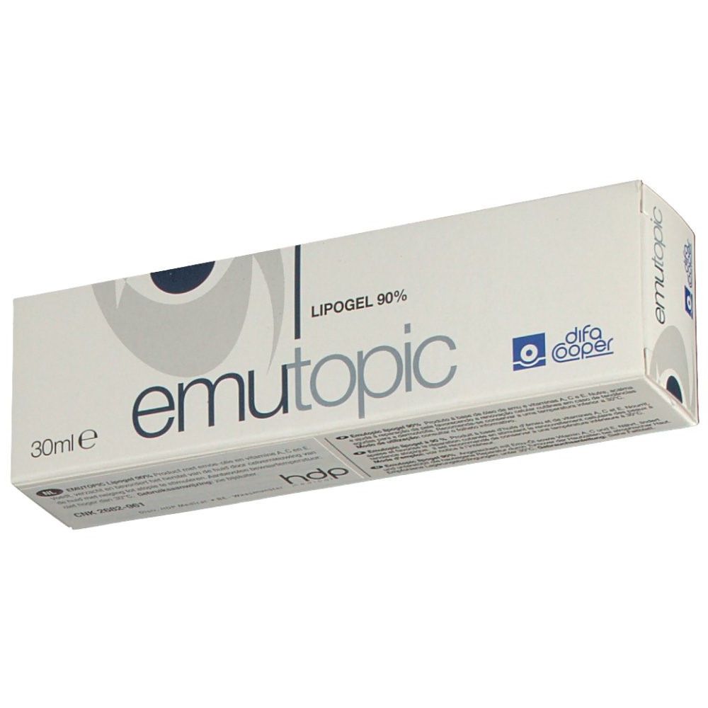 Scatola emutopic® Lipogel 90%. Bianca, testo blu. Marchio: difa cooper. Contiene 30ml.