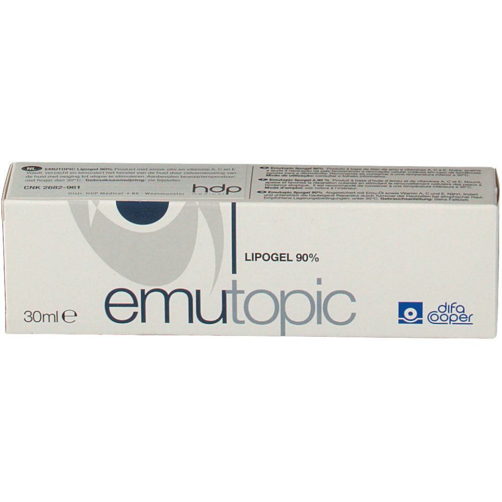 Scatola emutopic® Lipogel 90%. Bianca, testo blu. Contiene 30ml. Marchio: difa cooper.