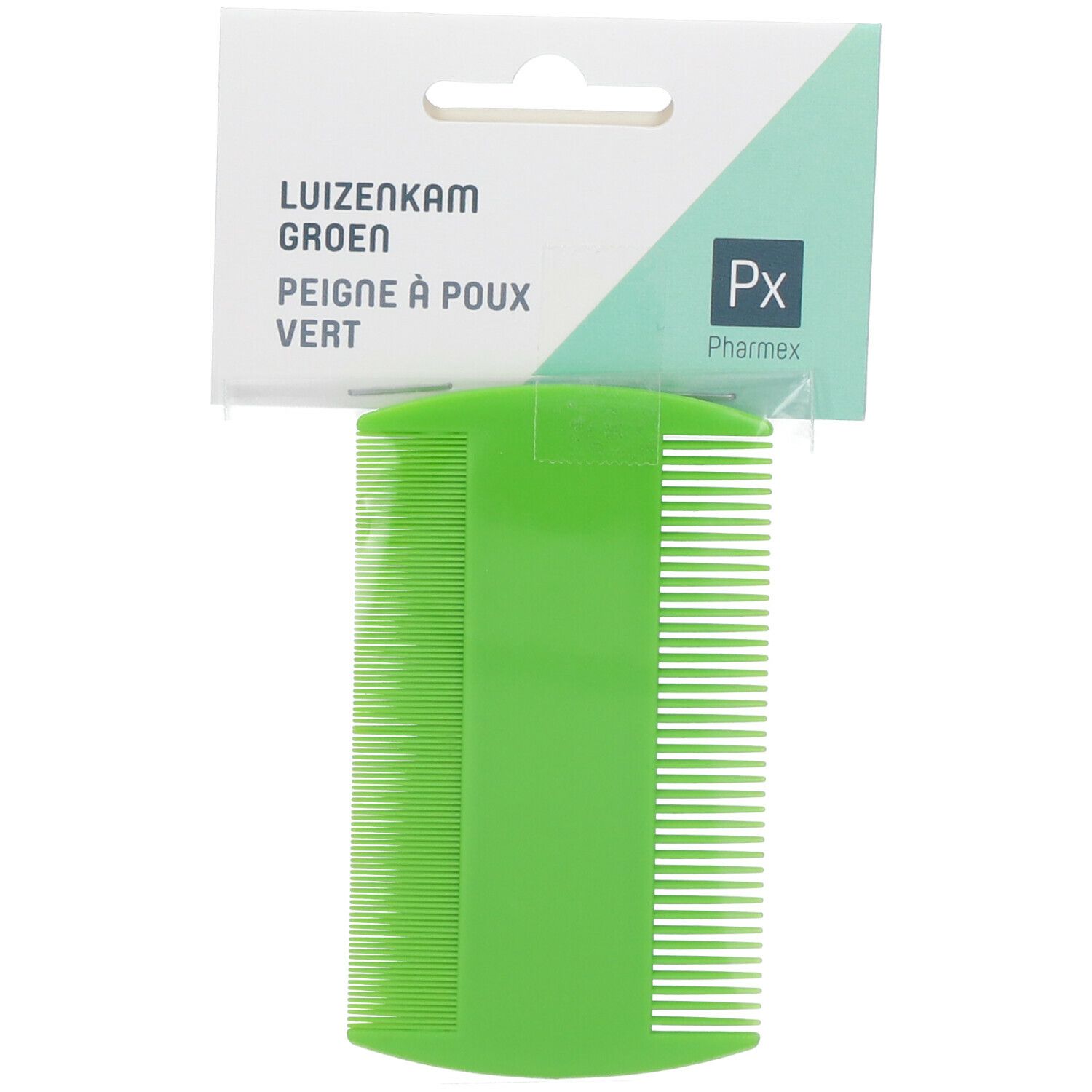 Pettine verde per pidocchi in confezione. Scritto "PEIGNE À POUX VERT". Marchio: Pharmex.
