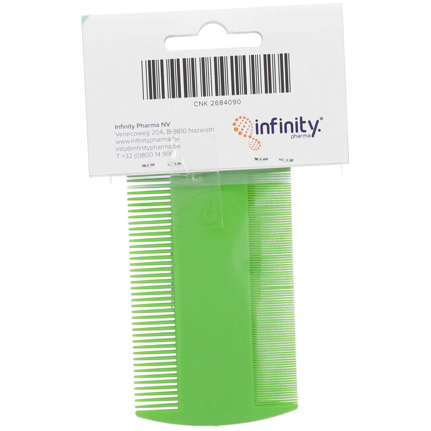 Retro della confezione di un pettine verde per pidocchi. Stampa con informazioni di Infinity Pharma NV.