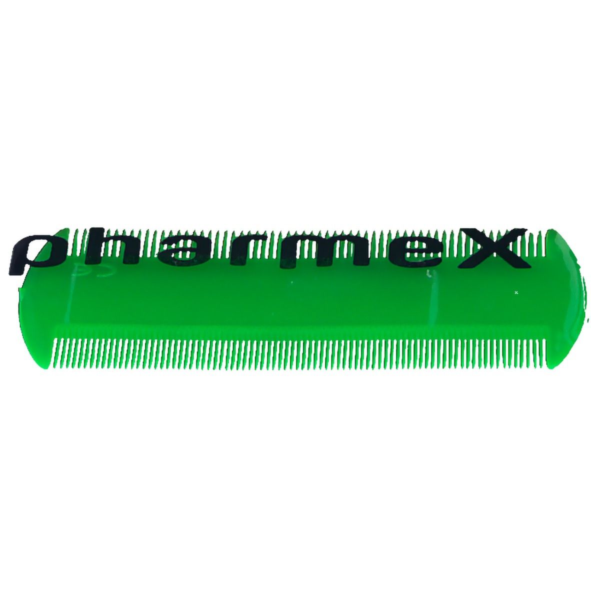 Pettine verde per pidocchi con denti fini. Scritta "pharmex" visibile.