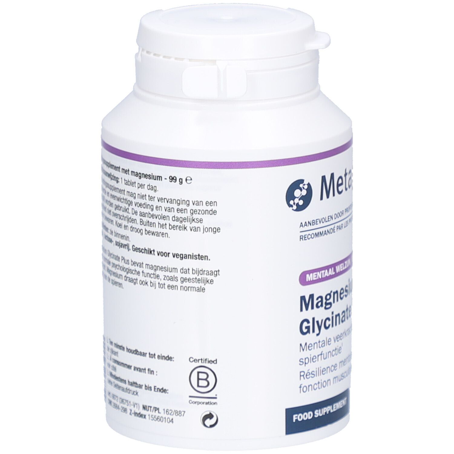 Flacone di Magnesium Glycinate Plus su un tavolo. Testo: Il magnesio che il tuo corpo merita.
