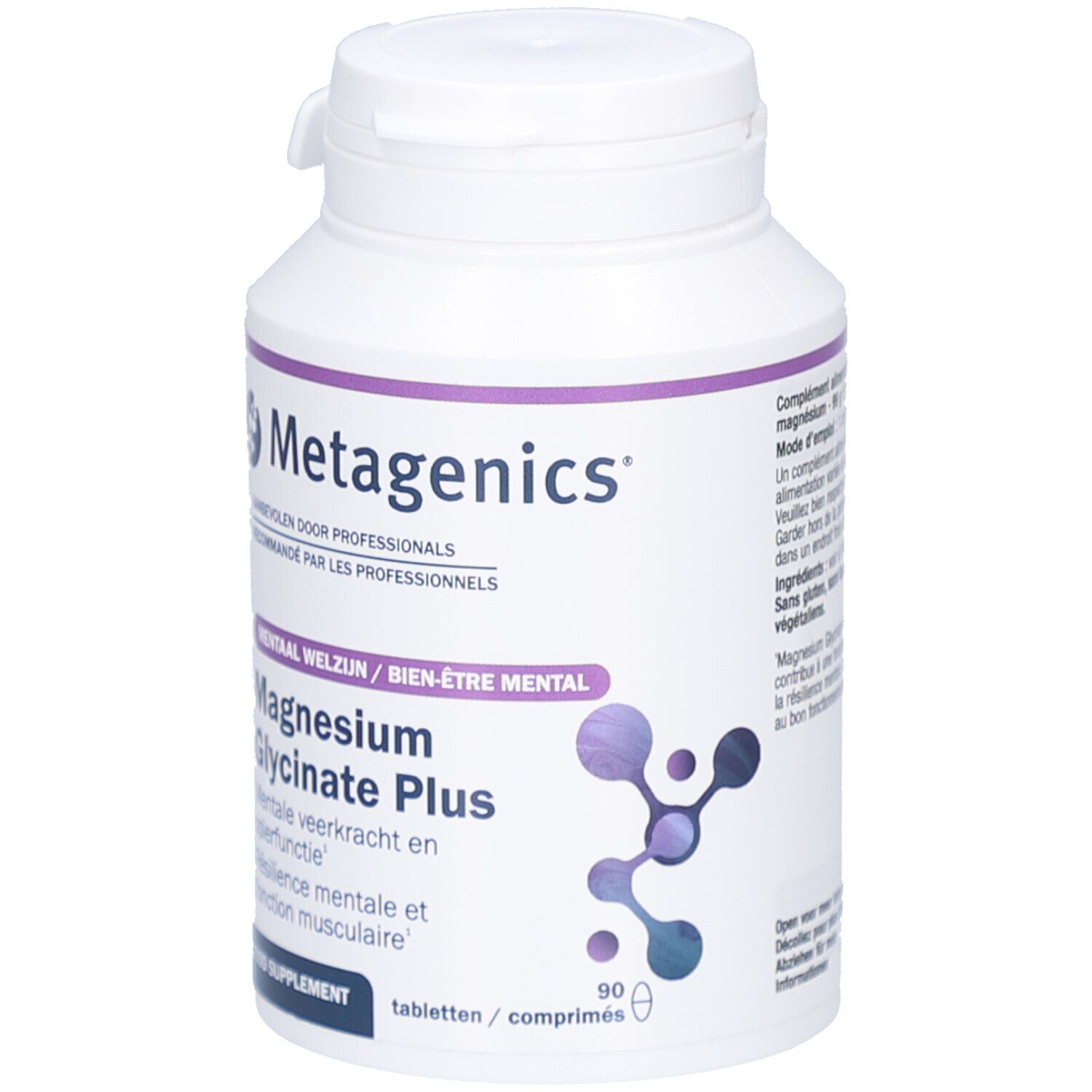 Citazione di Sarah Sharpe sulle compresse di Magnesium Glycinate. Logo Metagenics.