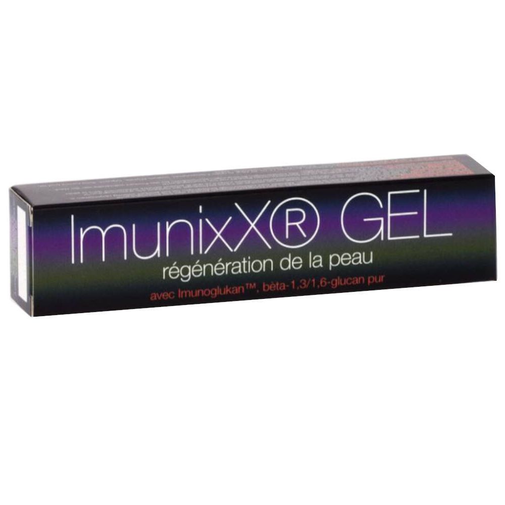 Scatola di ImunixX® GEL. Confezione nera con nome e testo del prodotto. Sfumatura viola-nera.