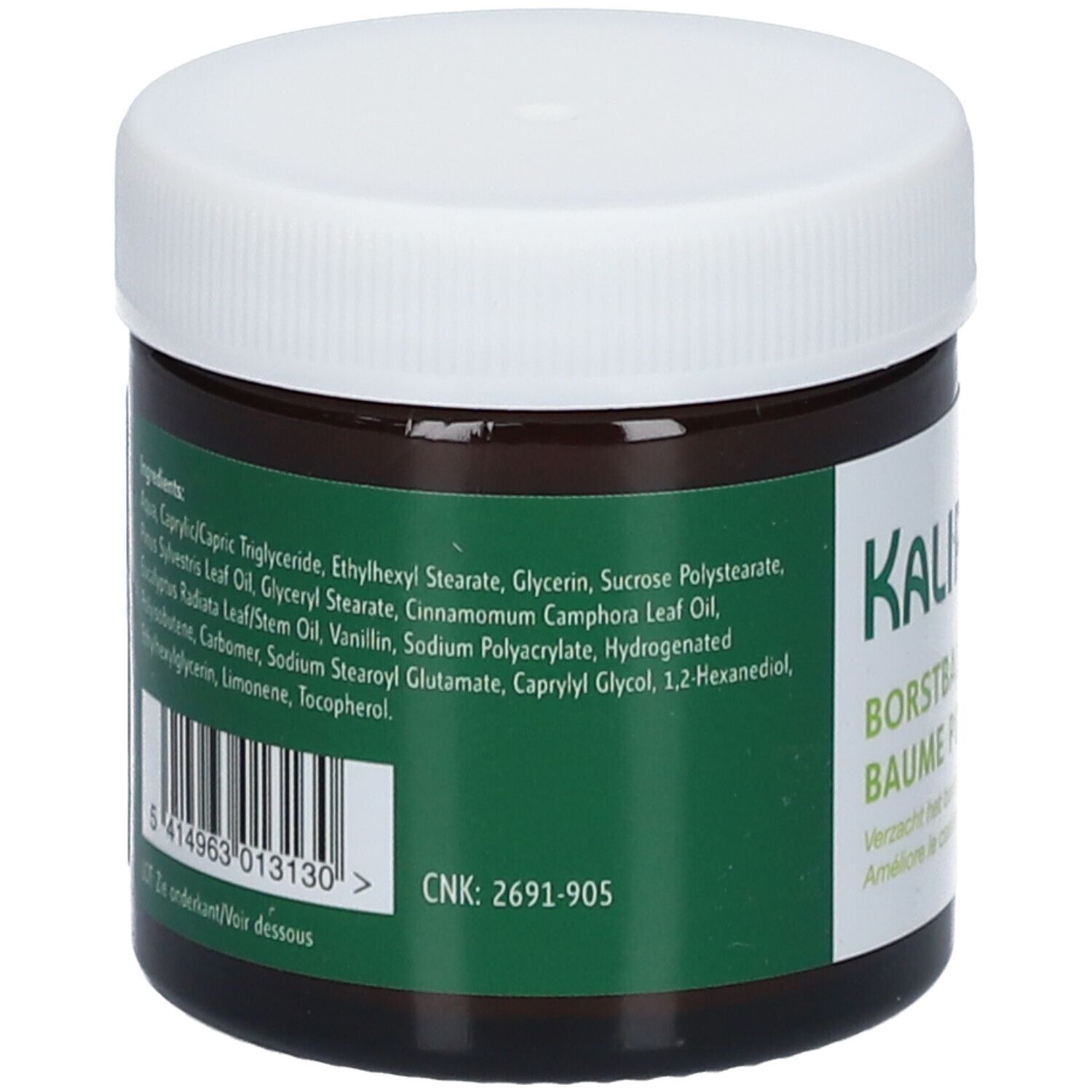 Retro di un vasetto marrone con coperchio bianco. Elenco ingredienti e codice a barre. Etichettatura verde.