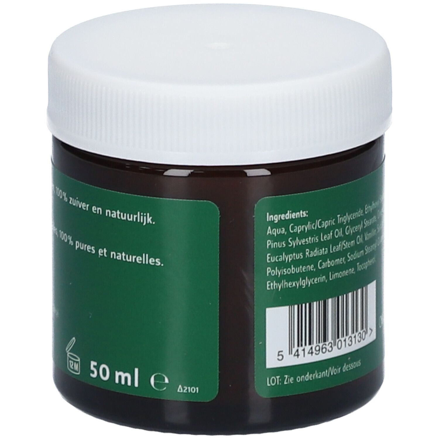 Vasetto marrone con coperchio bianco. Scritta: 50 ml. Etichettatura verde con testo. Simbolo 12M.