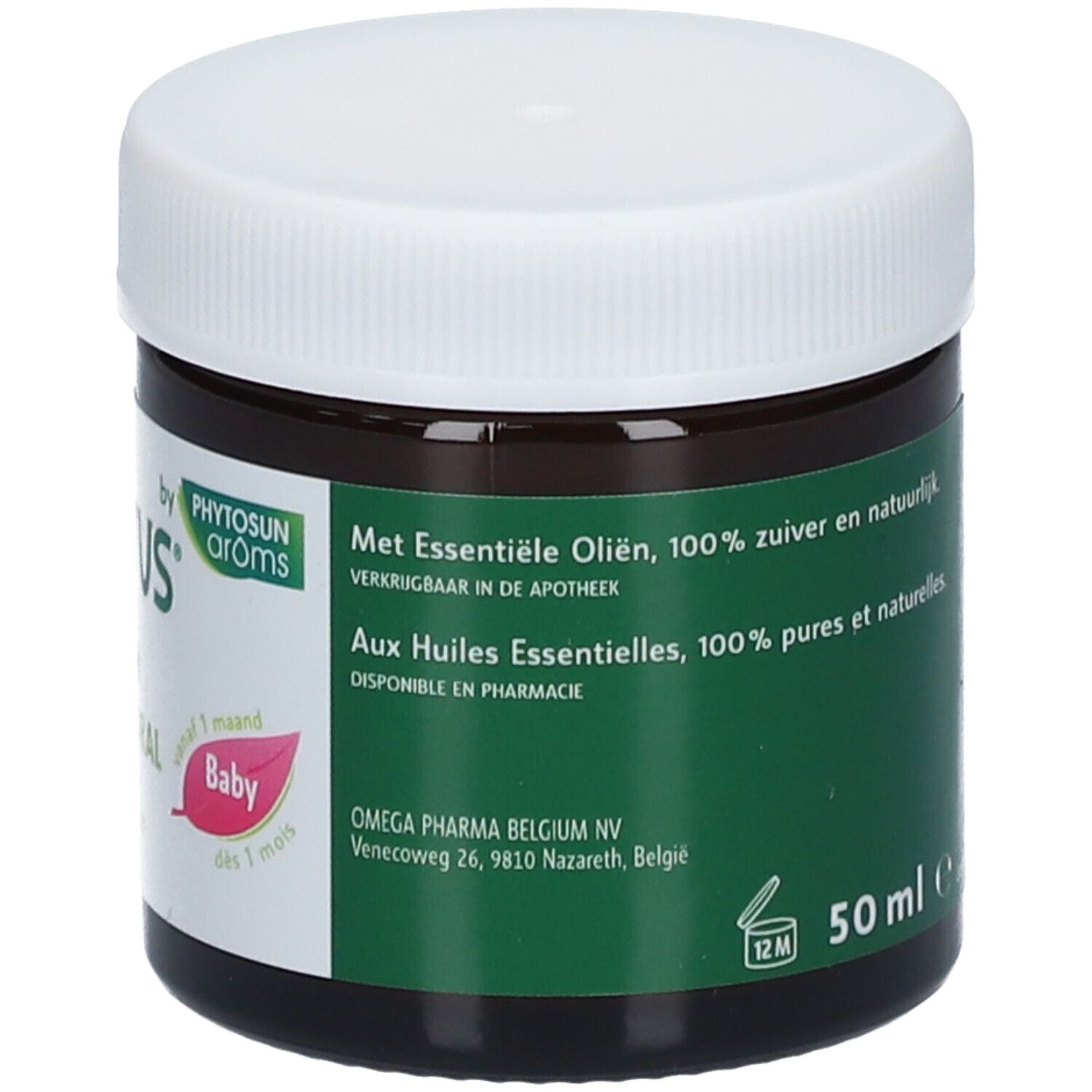 Vasetto marrone con coperchio bianco. Scritta: Met Essentiële Oliën. Etichettatura verde con testo.