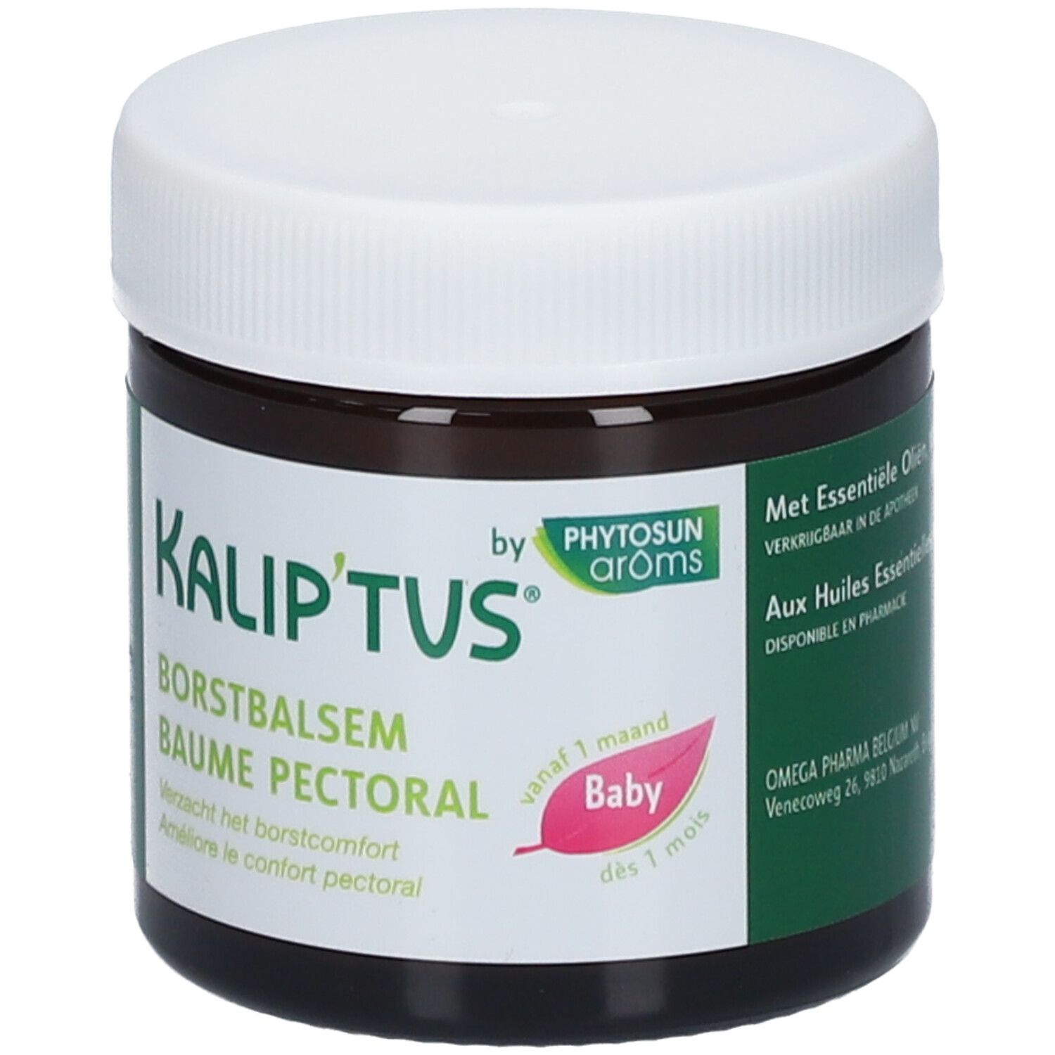 Vasetto marrone con coperchio bianco. Scritta: Kalip'tus, Balsamo pettorale, Baby. Accenti verdi e rosa.
