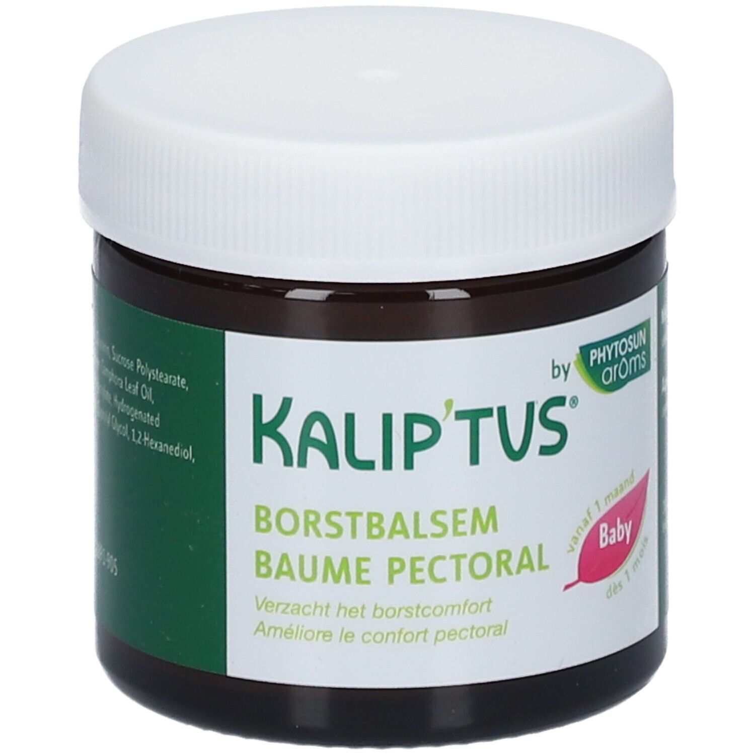 Vasetto marrone con coperchio bianco. Scritta: Kalip'tus, Balsamo pettorale, Baby. Accenti verdi e rosa.