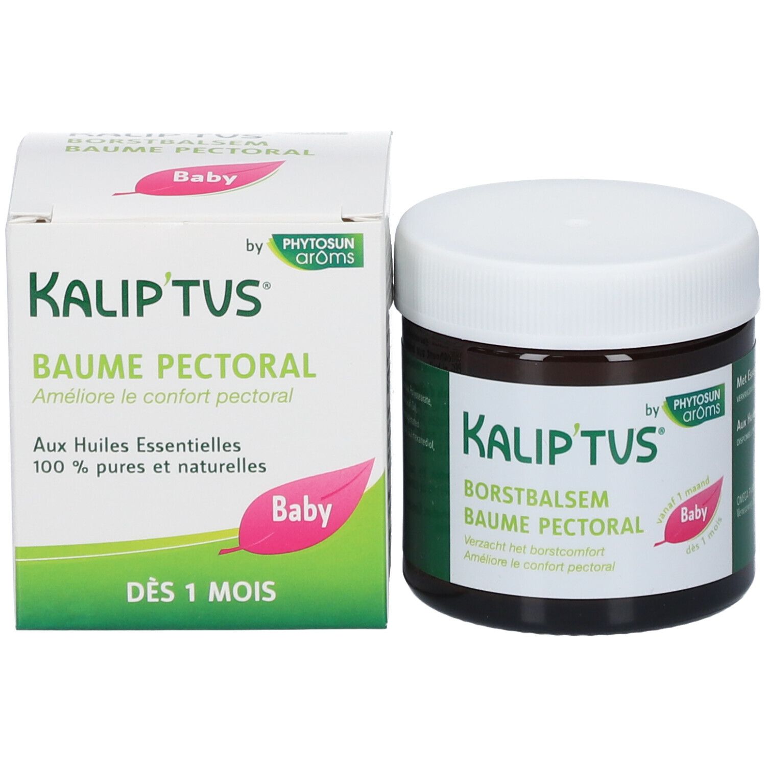 Vasetto e scatola. Scritta: Kalip'tus, Baume pectoral, Baby. Scatola bianca con accenti verdi.
