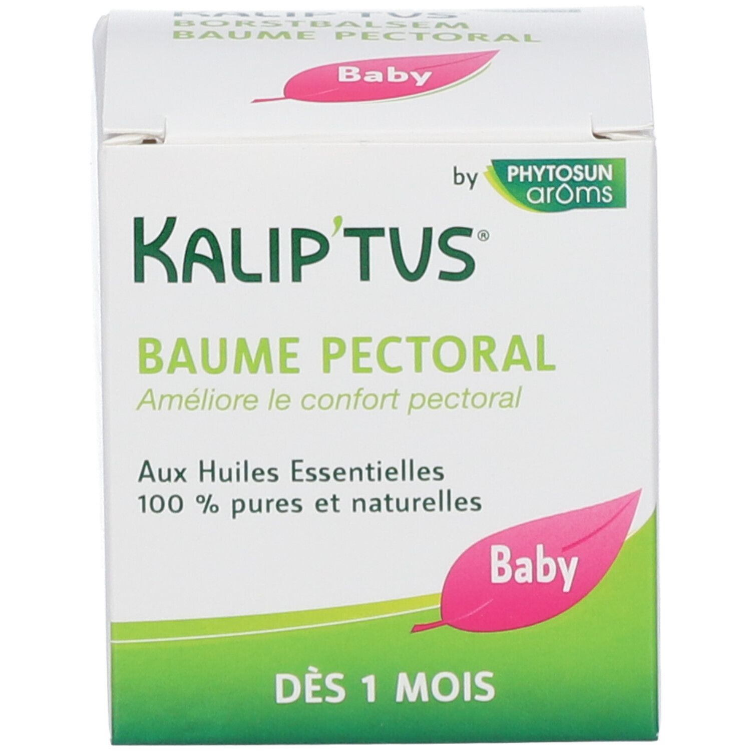 Scatola. Scritta: Kalip'tus, Baume pectoral, Baby. Scatola bianca con accenti verdi.