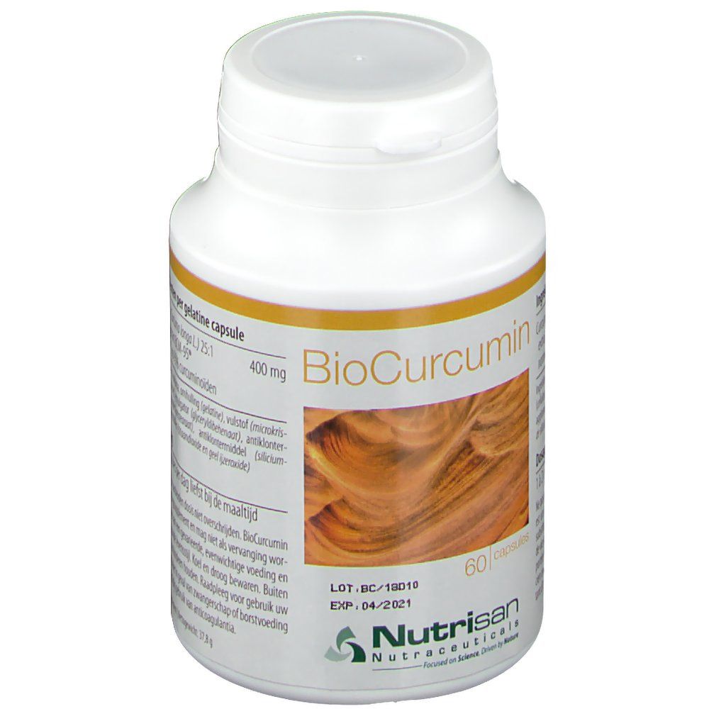 Flacone bianco con capsule. Scritta: BioCurcumin, 60 capsule. Elenco ingredienti e logo Nutrisan.