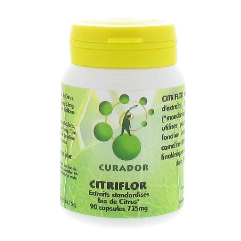 Flacone bianco con tappo giallo. Scritta: CITRIFLOR, CURADOR, 90 capsule 735mg. Etichetta verde con illustrazione.