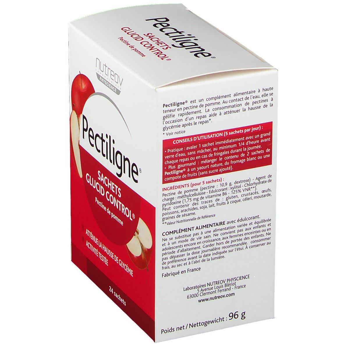 Scatola Pectiligne Sachets Glucid Control, pectina di mela. Testo in francese. Contiene 24 bustine. Peso netto: 96 g.