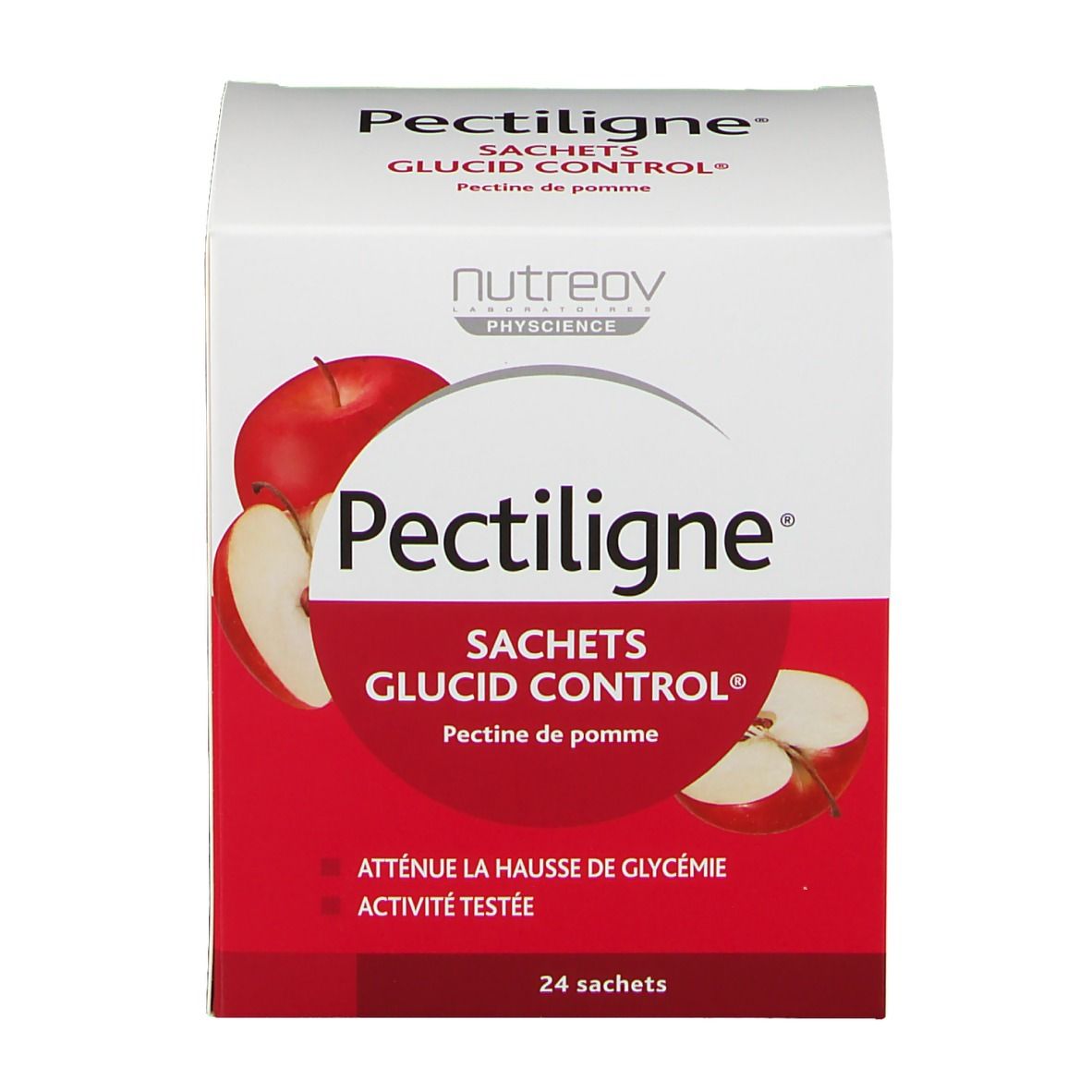 Scatola Pectiligne Sachets Glucid Control, pectina di mela. Confezione rossa e bianca con illustrazione di mela. 24 bustine.