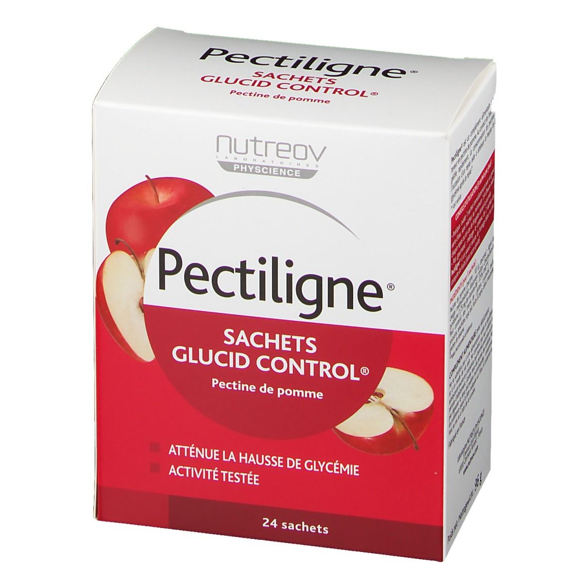 Scatola Pectiligne Sachets Glucid Control, pectina di mela. Confezione rossa e bianca con illustrazione di mela. 24 bustine.