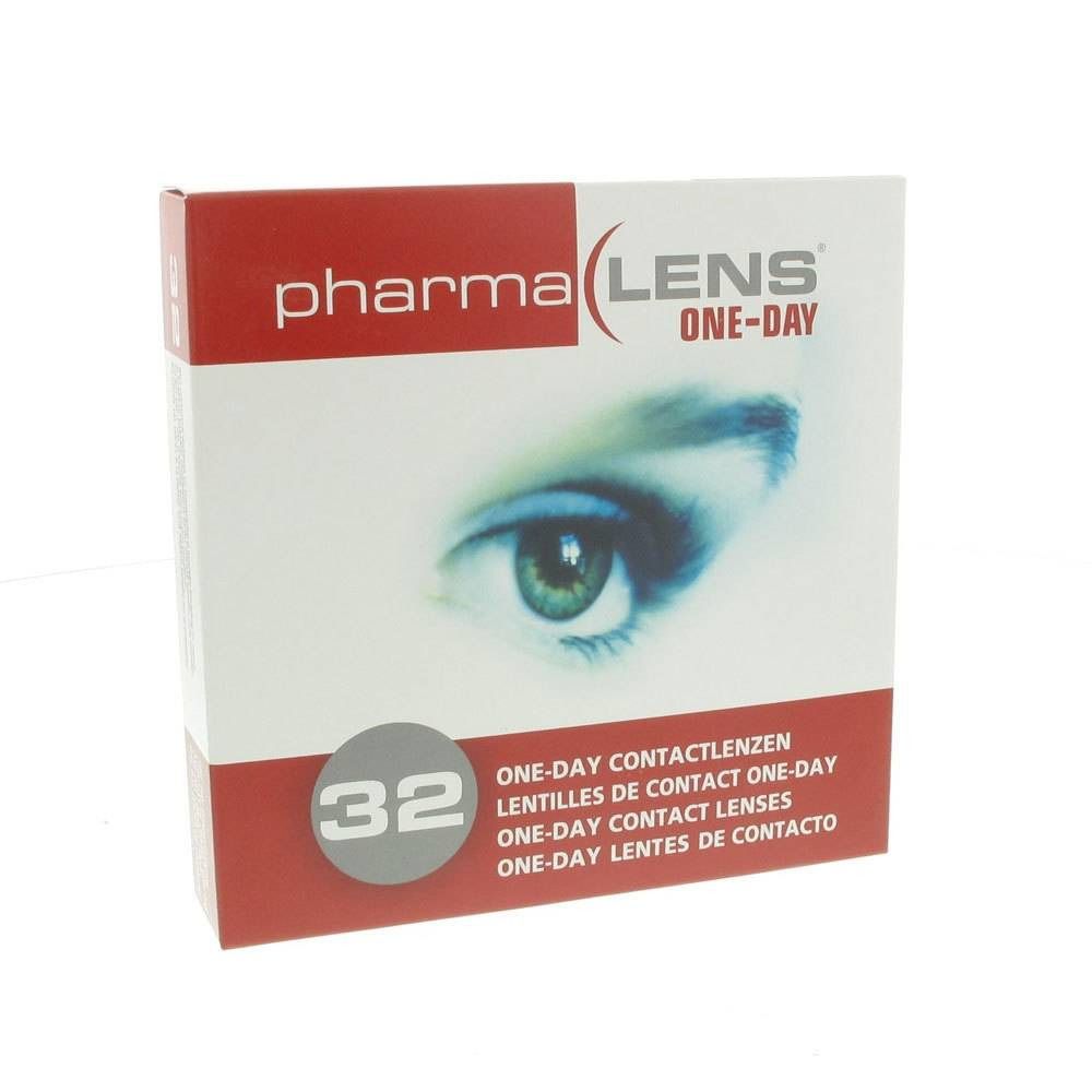 Confezione di lenti a contatto. Scritta: pharma LENS ONE-DAY, 32 pezzi. Immagine di un occhio.