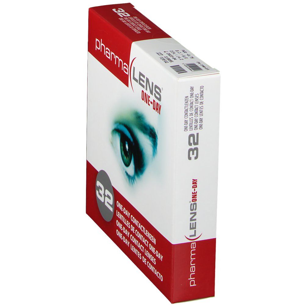 Confezione di lenti a contatto. Scritta: pharma LENS ONE-DAY, 32 pezzi. Vista laterale.
