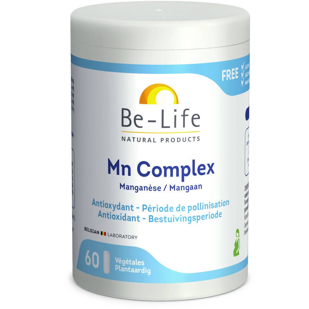 Barattolo di Be-Life Mn Complex. Contiene 60 capsule. Scritta: Antiossidante, Manganese. Confezione bianca e blu.