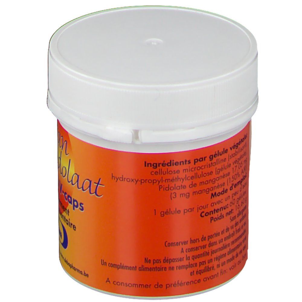 Contenitore con etichetta arancione. Testo: Ingredienti, 17 mg manganese. Coperchio bianco. Marchio: DeBa Pharma.