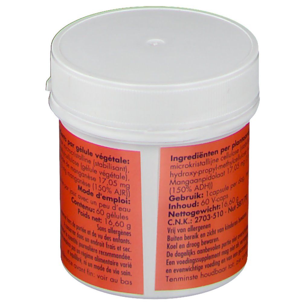 Contenitore con etichetta arancione. Testo: Ingredienti, 17,05 mg manganese. Coperchio bianco. 60 capsule.