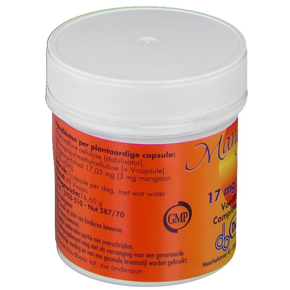 Contenitore con etichetta arancione. Testo: Ingredienti, 17 mg manganese. Logo GMP. Coperchio bianco.