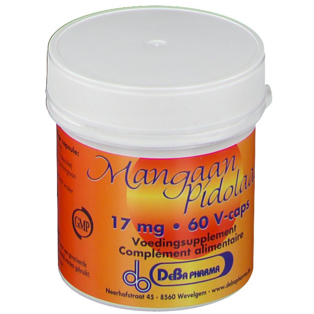 Contenitore con etichetta arancione. Scritta: Mangaan Pidolaat 17 mg, 60 V-caps. Logo GMP. Marchio: DeBa Pharma.