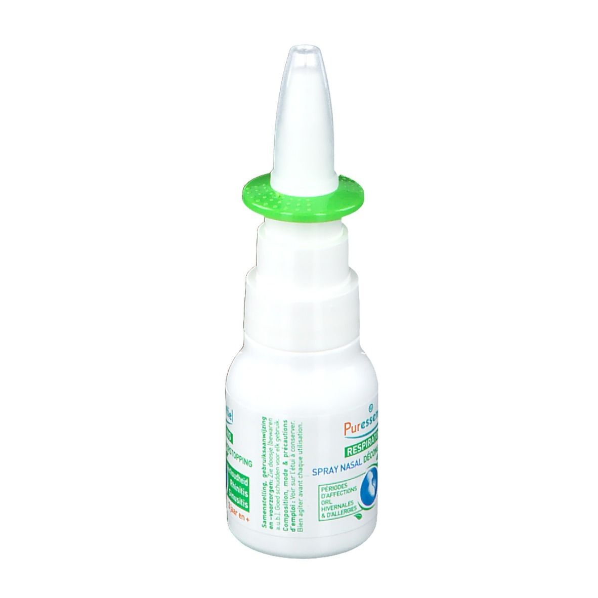 Spray nasale bianco con anello verde. Nome e logo del prodotto sull'etichetta. Scritta: Respiratoire Spray nasal décongestionnant.