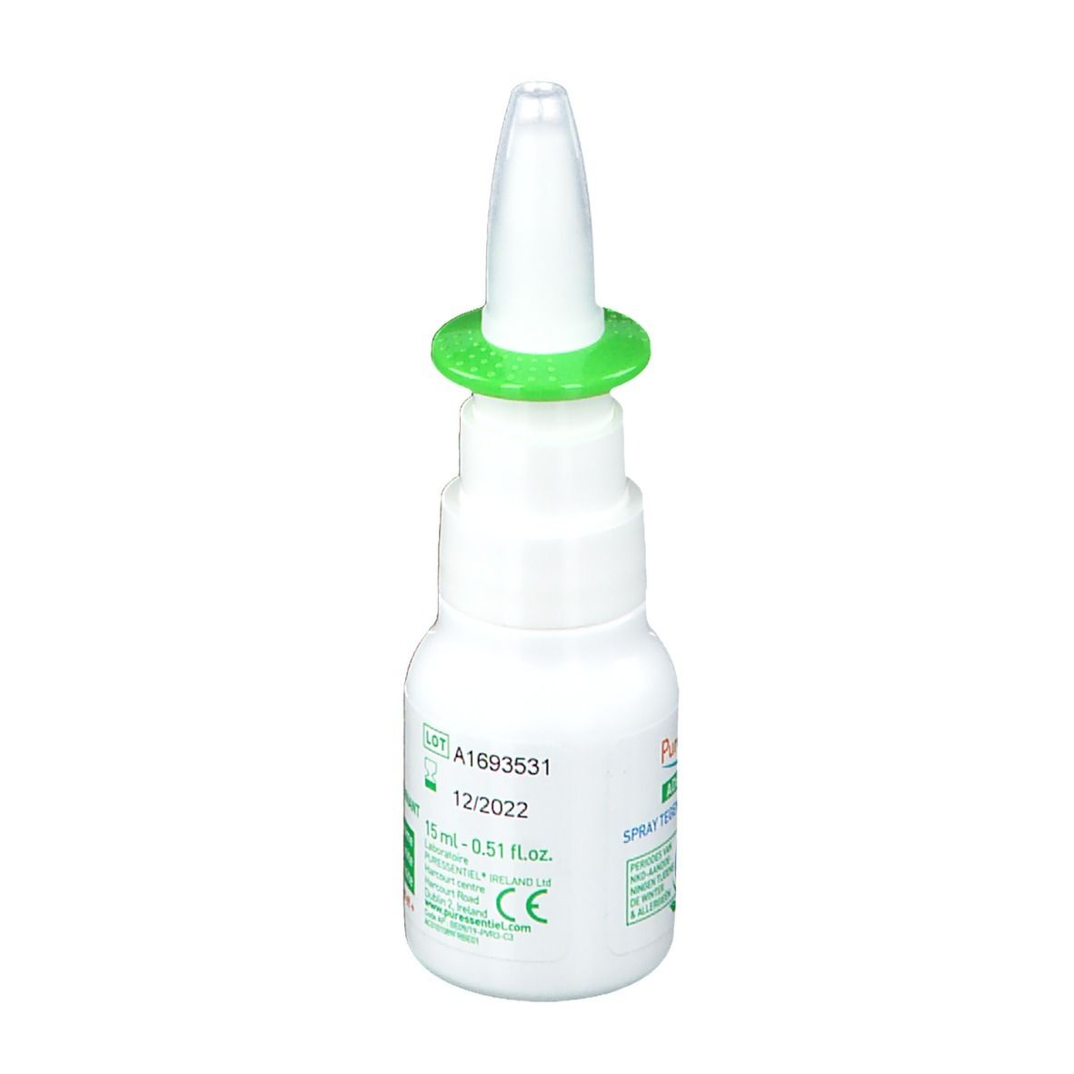 Spray nasale bianco con anello verde. Nome e logo del prodotto sull'etichetta. Scritta: Respiratoire Spray nasal décongestionnant.