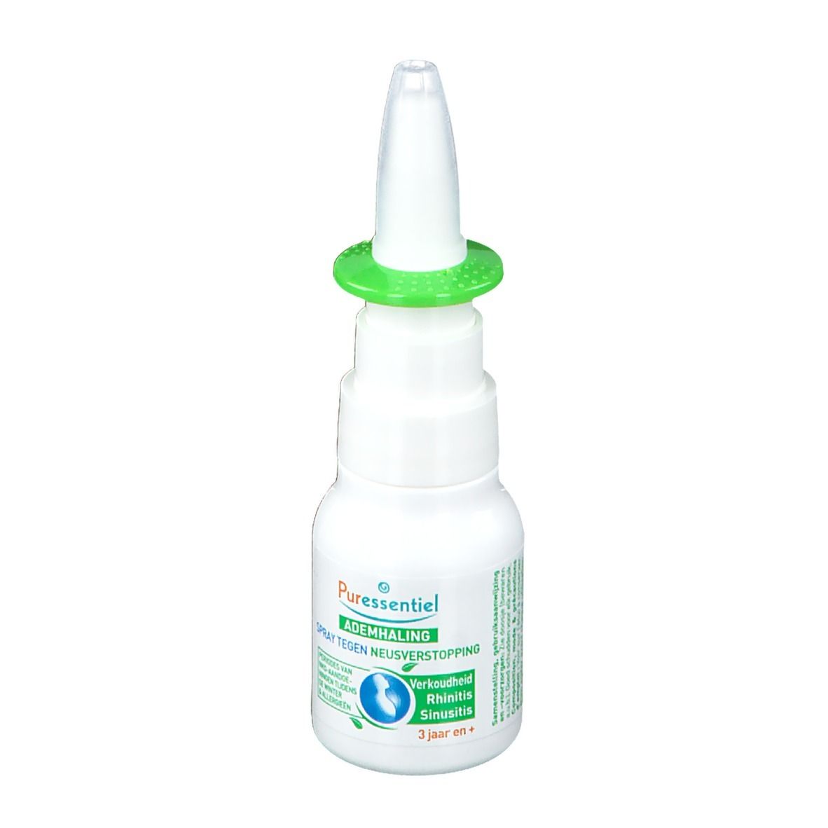 Spray nasale bianco con anello verde. Nome e logo del prodotto sull'etichetta. Scritta: Respiratoire Spray nasal décongestionnant.