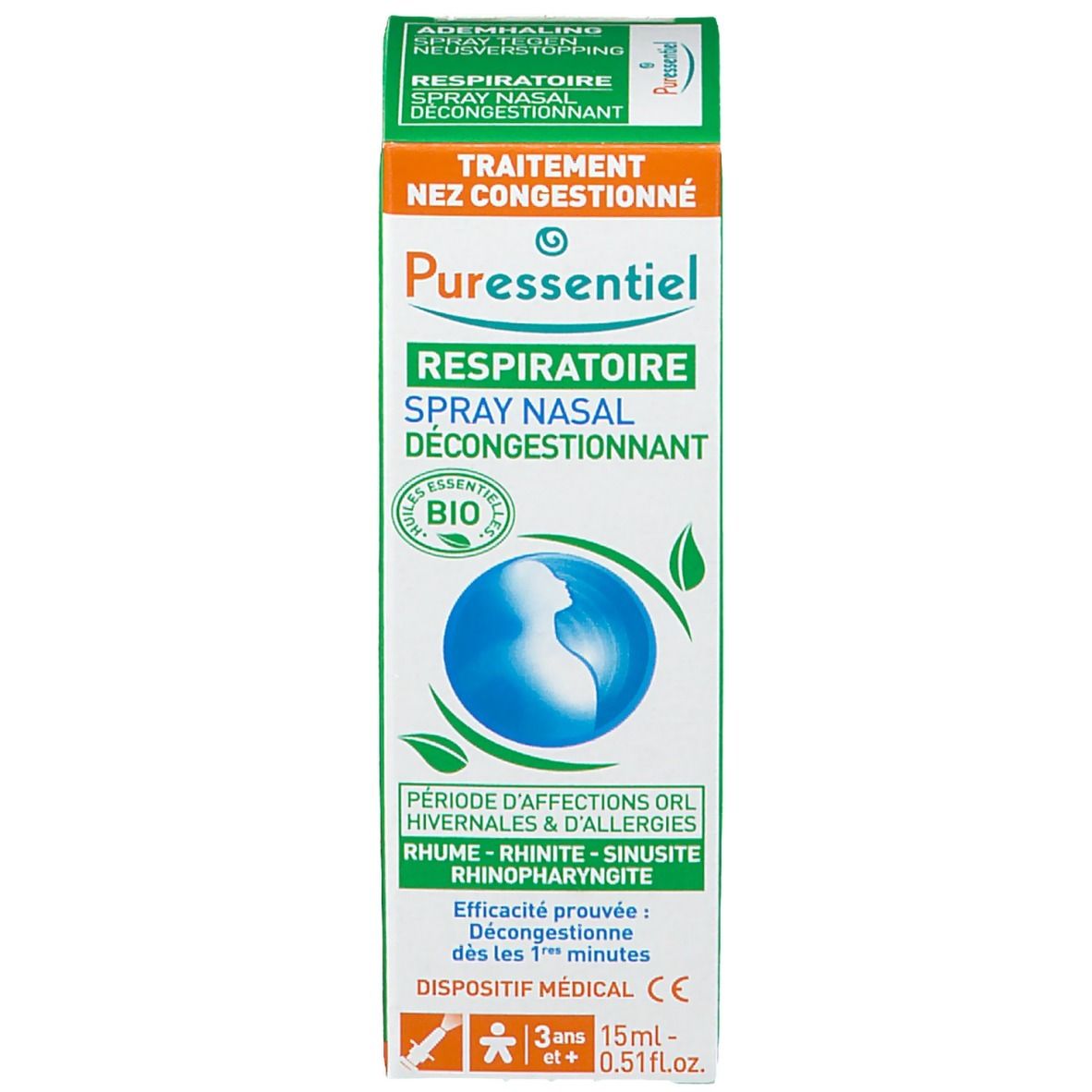 Spray nasale e confezione. Spray bianco con anello verde. Confezione verde e bianca con nome e logo del prodotto.