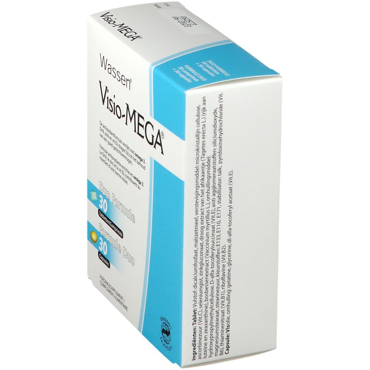 Vista laterale della confezione Visio-MEGA®. Contiene informazioni sugli ingredienti e il valore nutrizionale. Scatola bianca e blu.