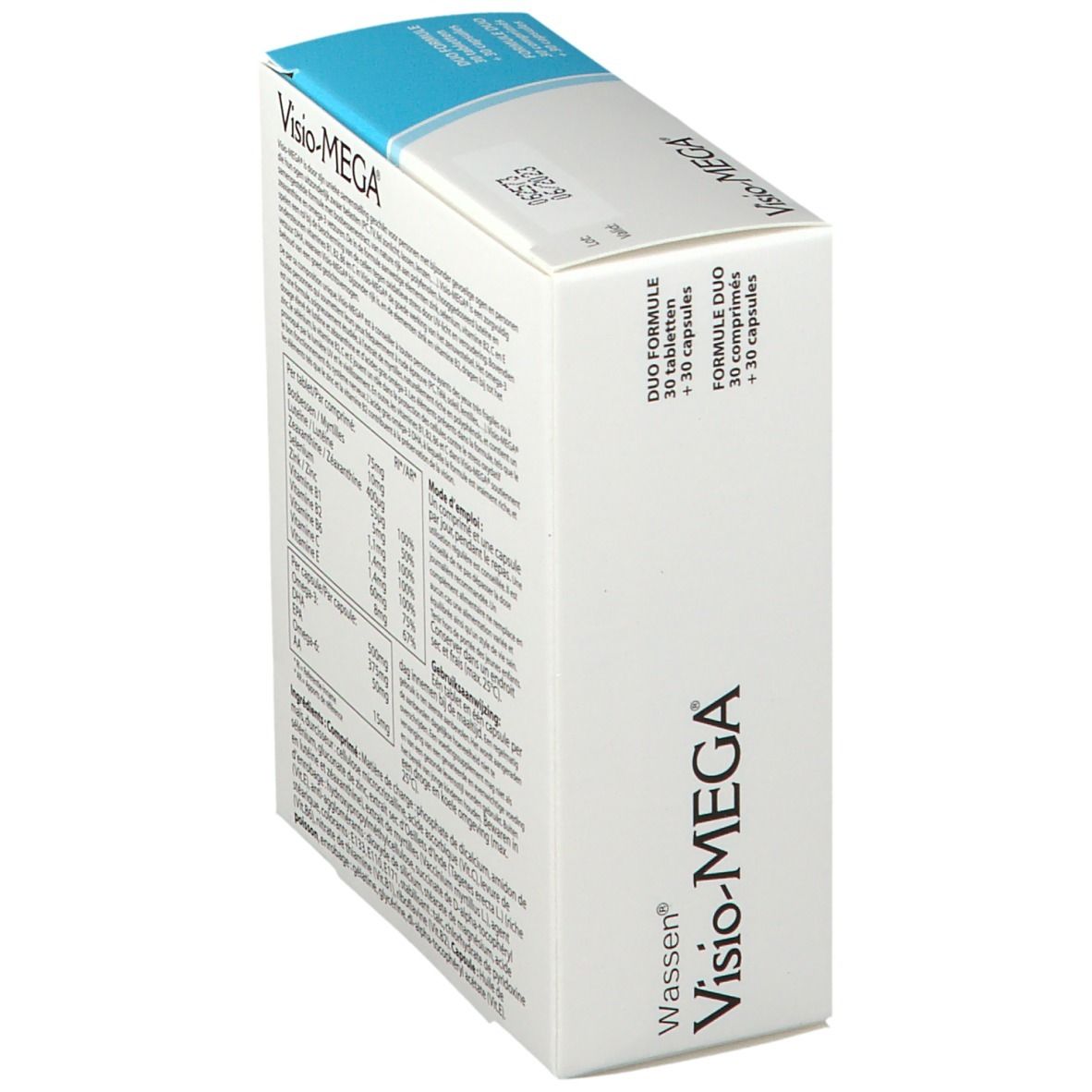 Confezione Visio-MEGA®, vista obliqua. Contiene il nome del prodotto e informazioni. Scatola bianca e blu.