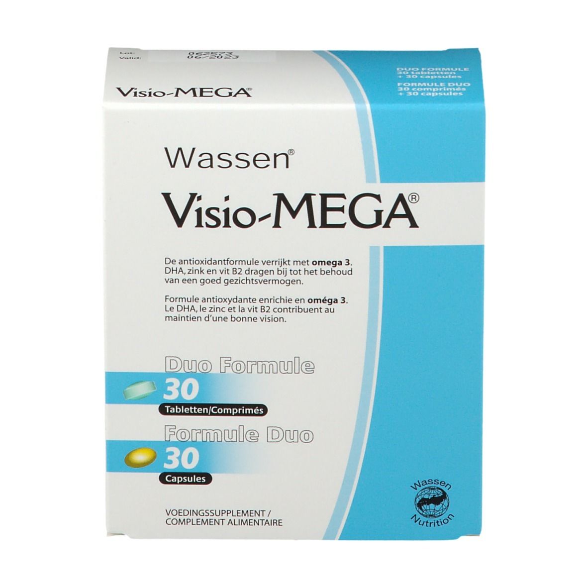 Confezione Visio-MEGA®. Formula Duo con 30 compresse e 30 capsule. Scatola bianca e blu con nome e logo del prodotto.