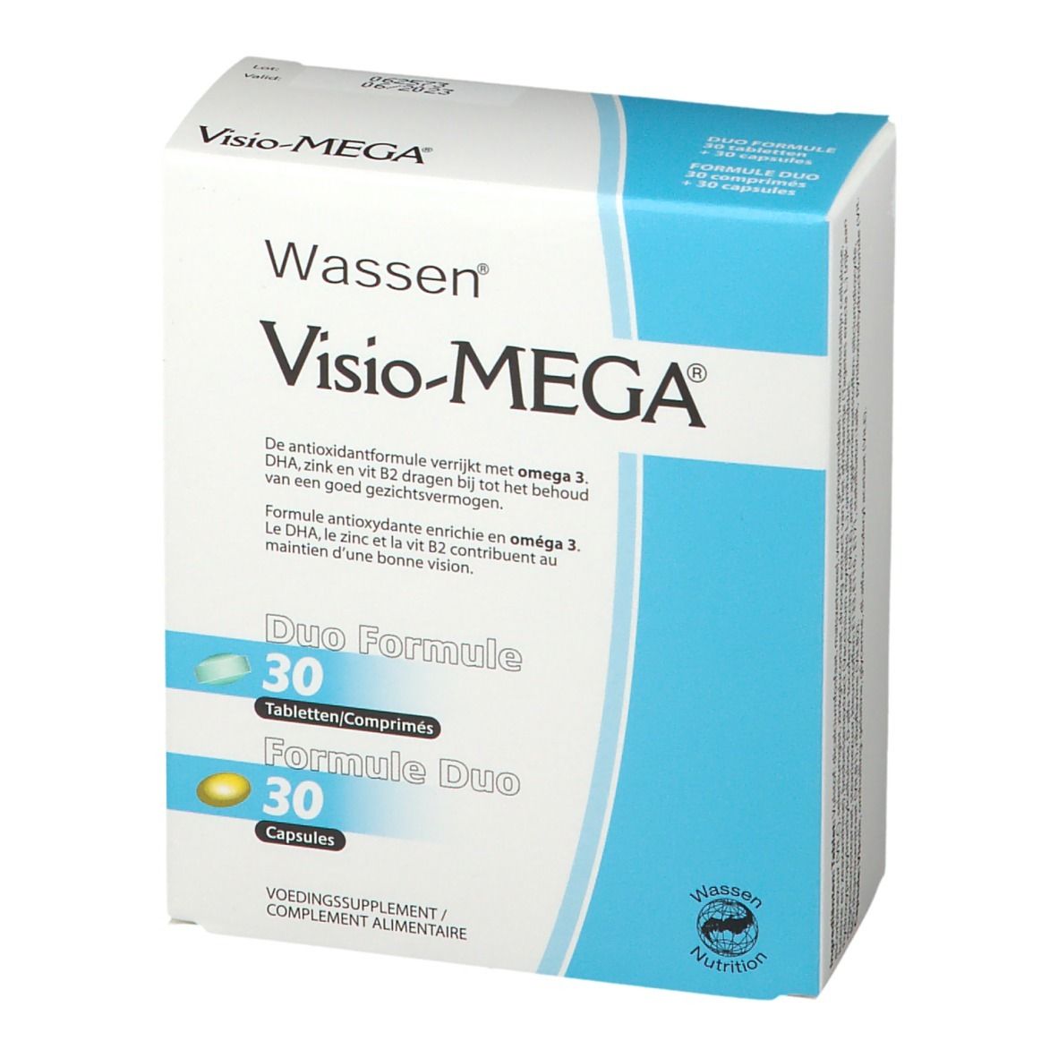 Confezione Visio-MEGA®. Formula Duo con 30 compresse e 30 capsule. Scatola bianca e blu con nome e logo del prodotto.