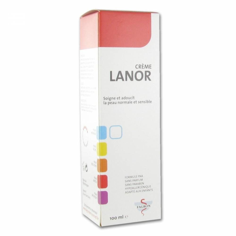 Confezione di Crème LANOR. Scatola bianca con coperchio rosso. Nome del prodotto e testo in nero. Quadrati colorati sul lato.