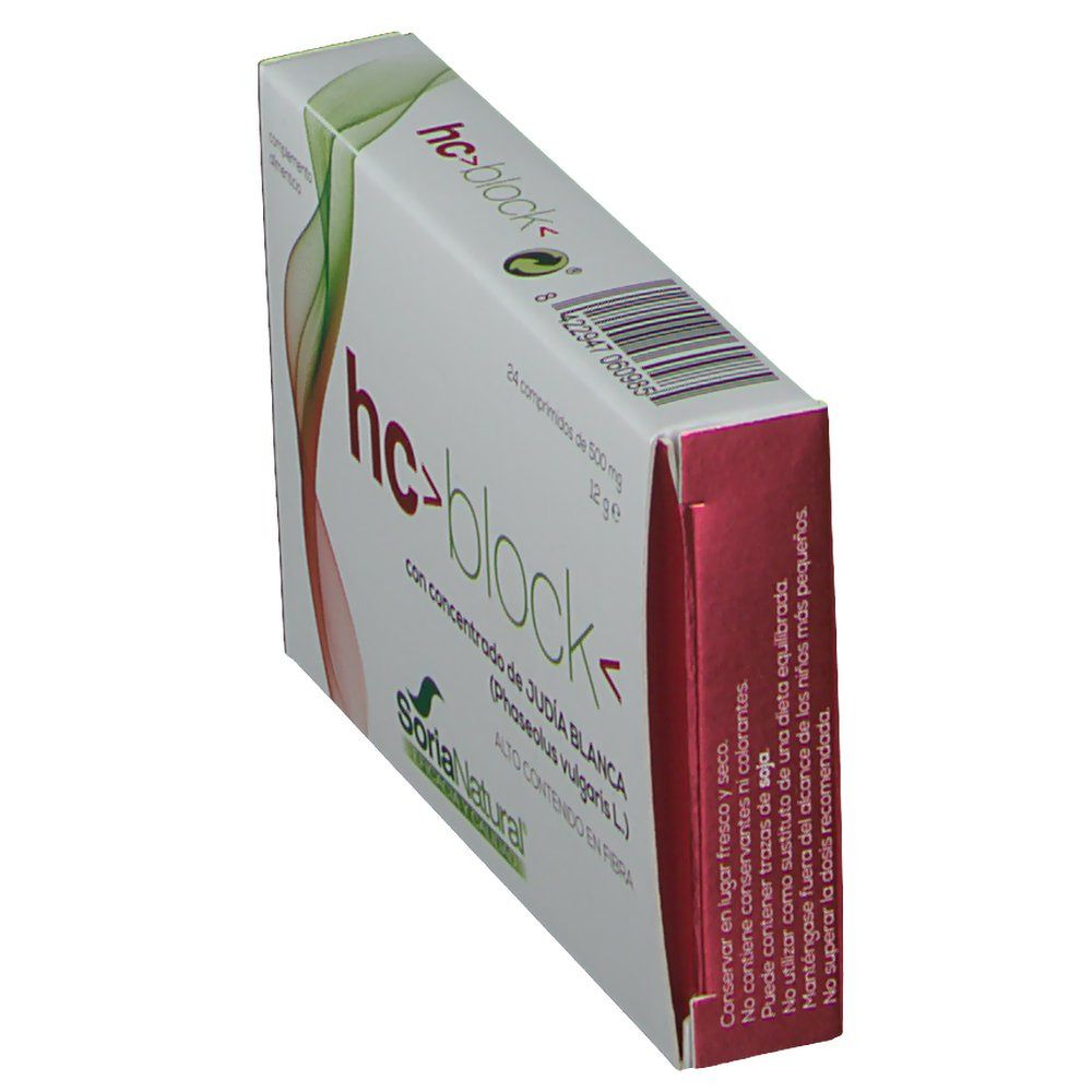 Vista obliqua della confezione hc>block<. Contiene 24 compresse. Marca Soria Natural.