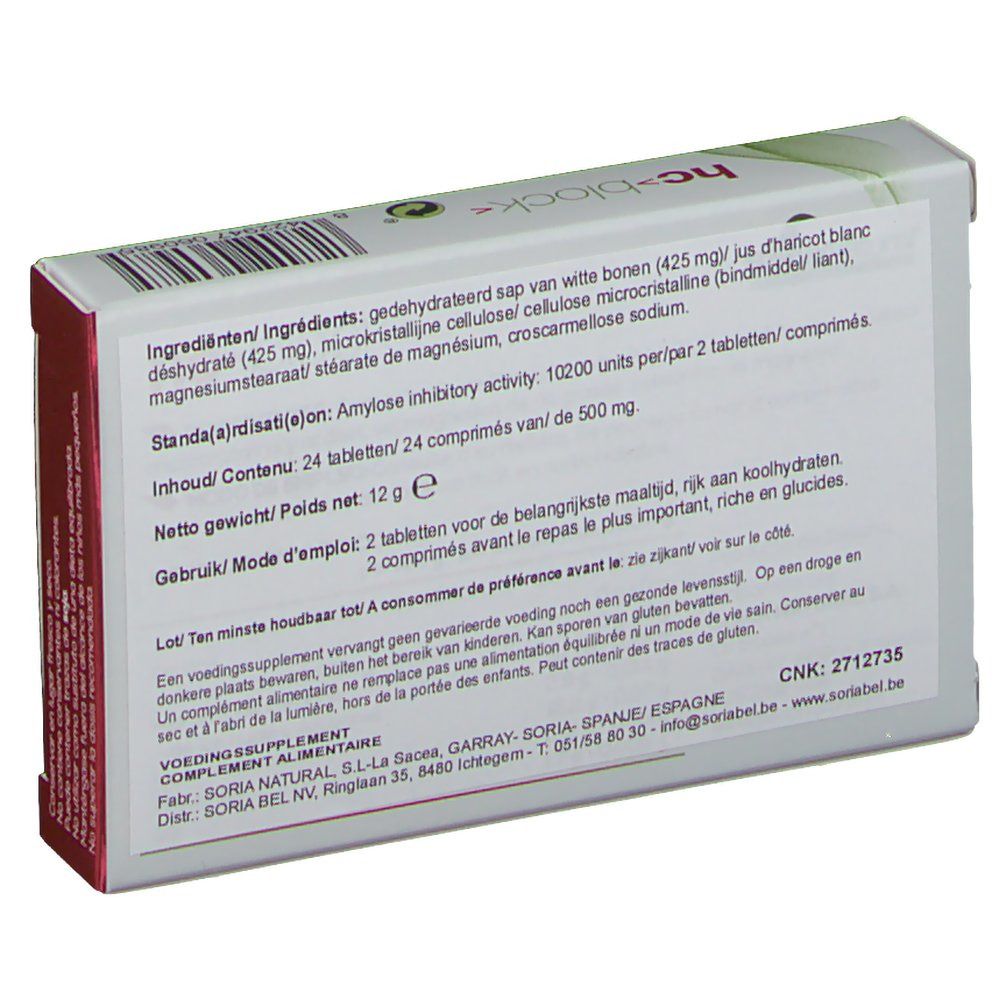 Retro della confezione hc>block<. Contiene ingredienti e istruzioni. CNK 2712735.