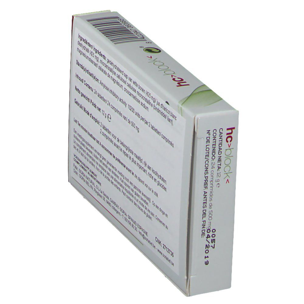 Vista obliqua della confezione hc>block<. Contiene 24 compresse. Data di scadenza.