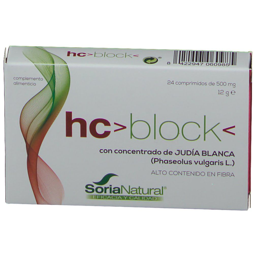 Confezione di hc>block< con 24 compresse. Contiene estratto di fagioli bianchi. Marca Soria Natural.