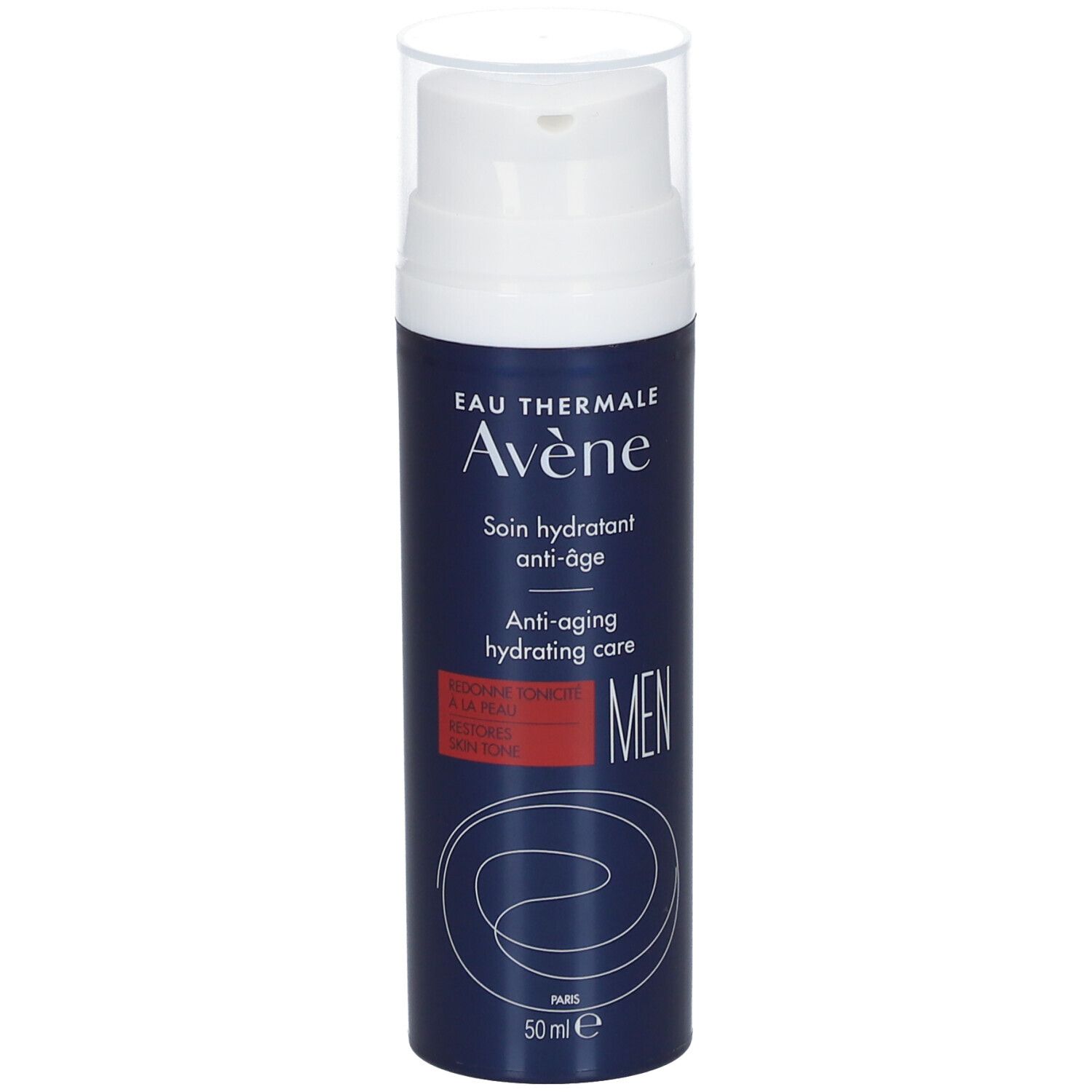 Flacone blu con erogatore bianco. Scritta: Eau Thermale Avène, trattamento idratante anti-età per uomini.