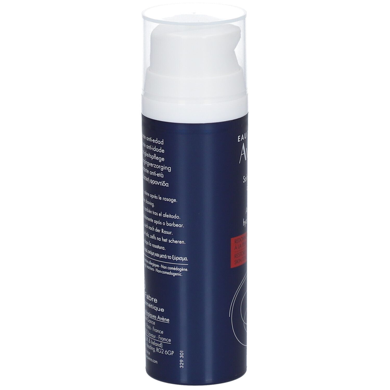 Flacone blu con erogatore bianco. Testo multilingue. Logo Pierre Fabre e informazioni.