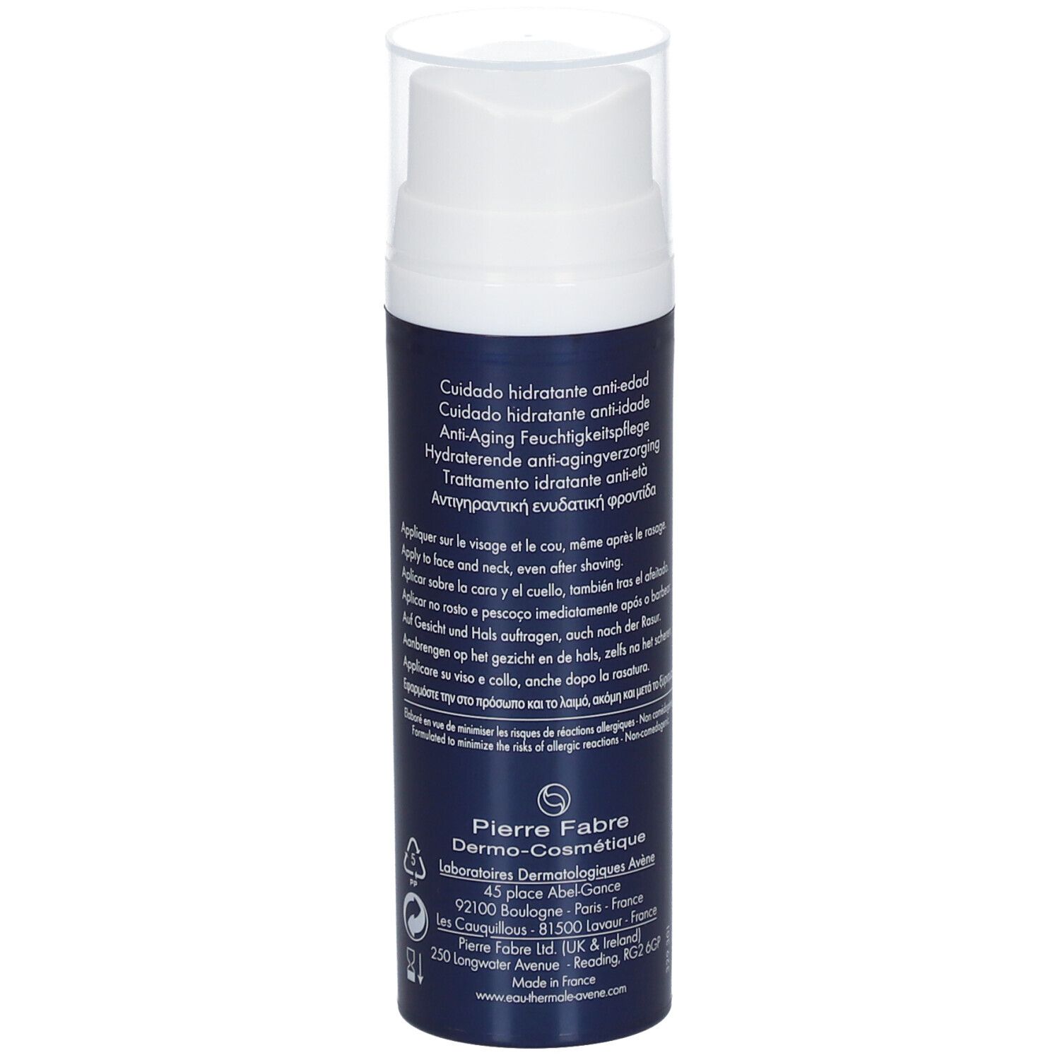 Flacone blu con erogatore bianco. Retro con testo multilingue. Logo Pierre Fabre.