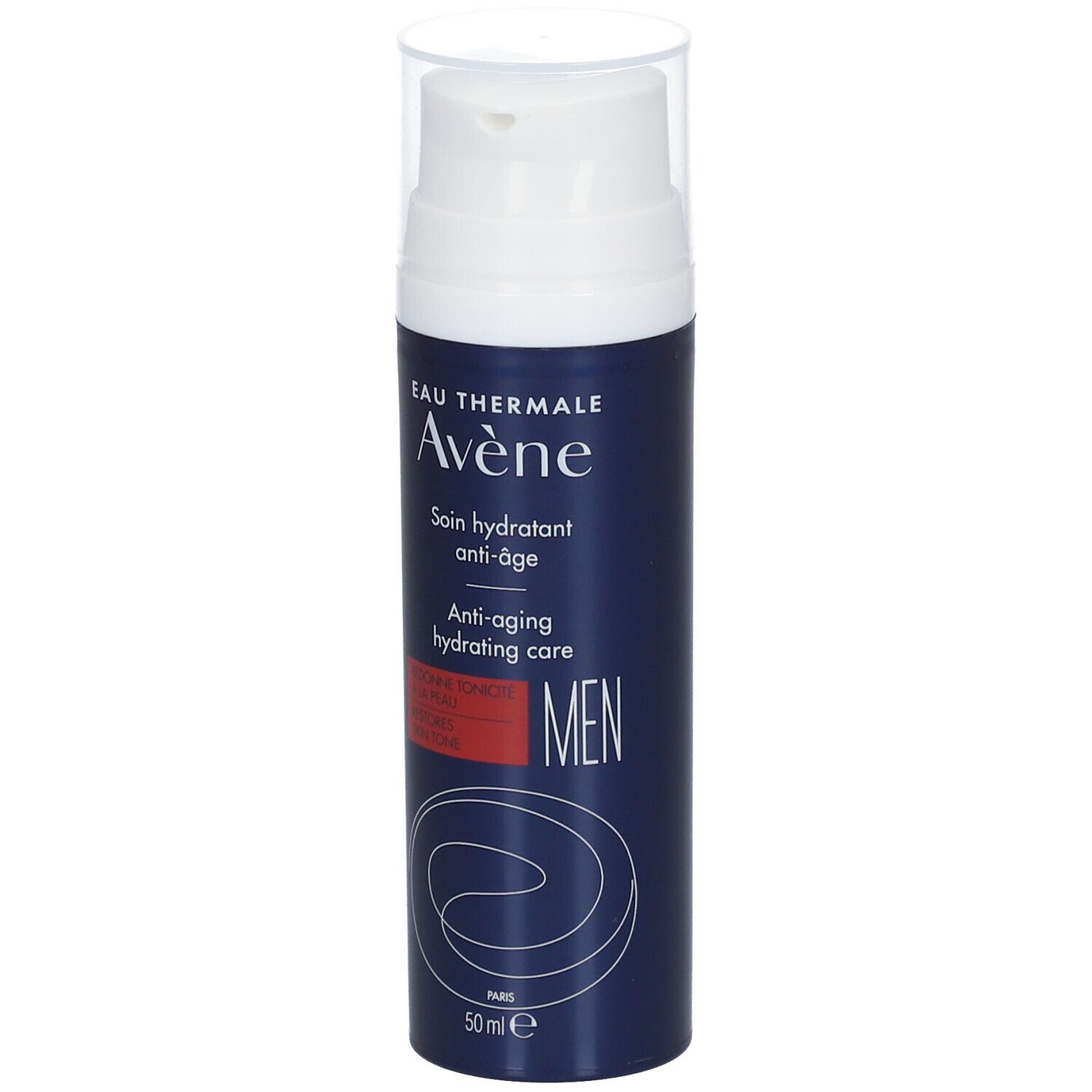 Flacone blu con erogatore bianco. Scritta: Eau Thermale Avène, trattamento idratante anti-età per uomini.