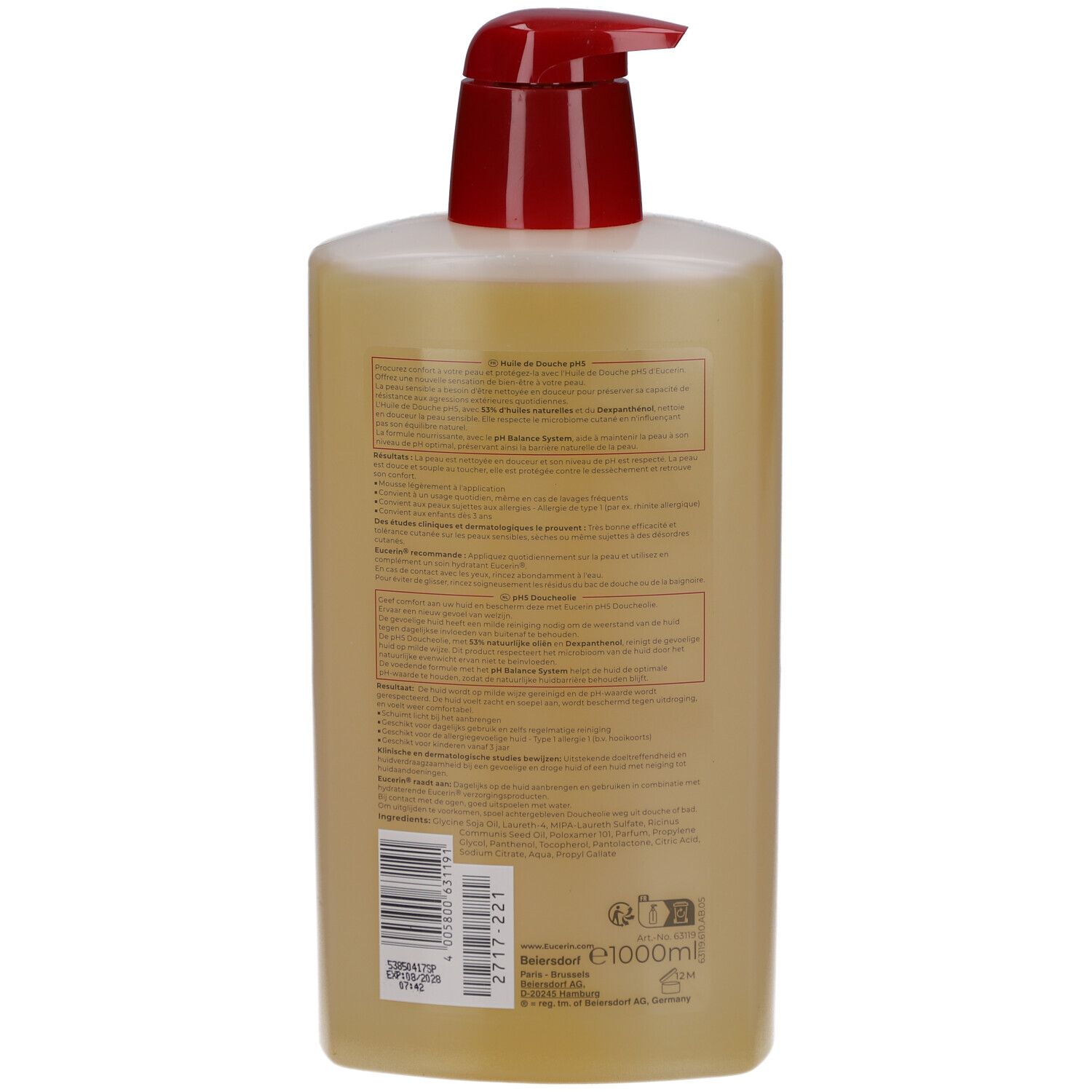 Retro del flacone giallo. Informazioni testuali e codice a barre.