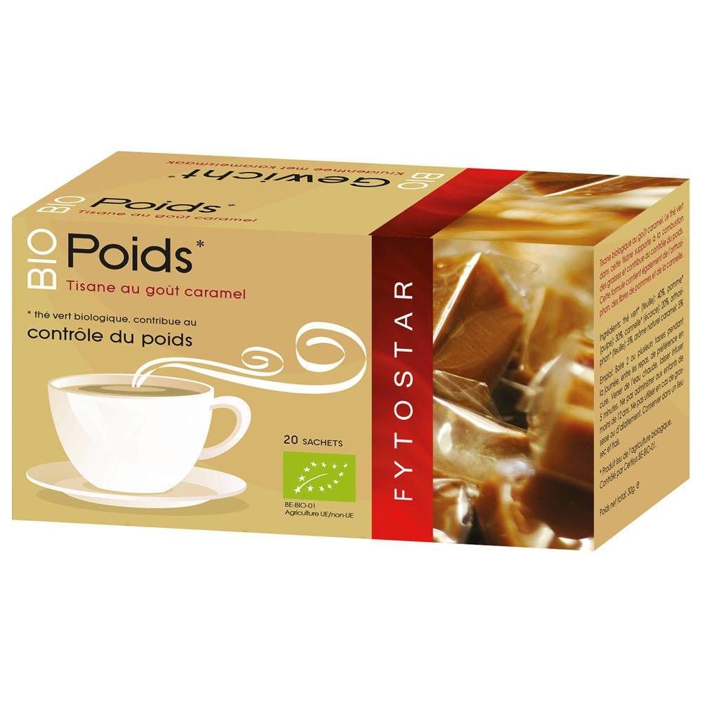 Confezione di tisana. Scritte: BIO Poids, Tisane au goût caramel, 20 bustine. Logo agricoltura biologica. Contiene bustine.